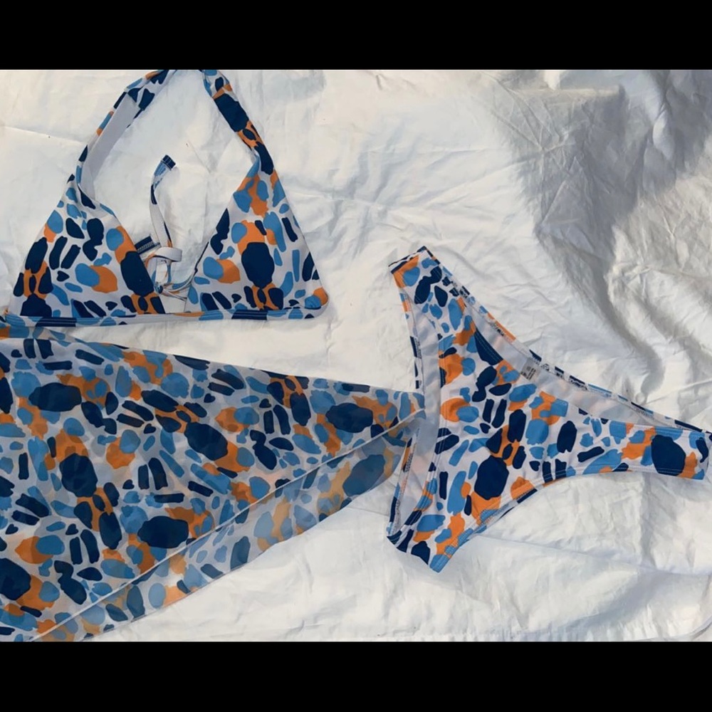 3 piece blue and orange bikini set!